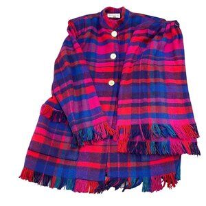 Suchada Skirt Suit Women 14 Pink Blue Plaid Fringe‎ Pleat Wool Tweed USA VTG
